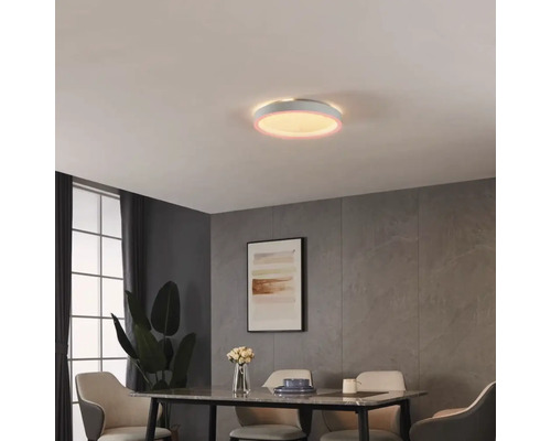 Szene eines Esszimmers mit einem Tisch, Stühlen und einer runden Deckenleuchte