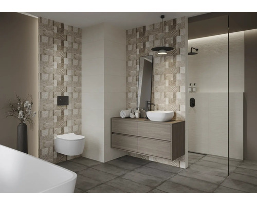 Modernes Badezimmer mit Wandfliesen, Waschtisch, Spiegel, Toilette und Dusche