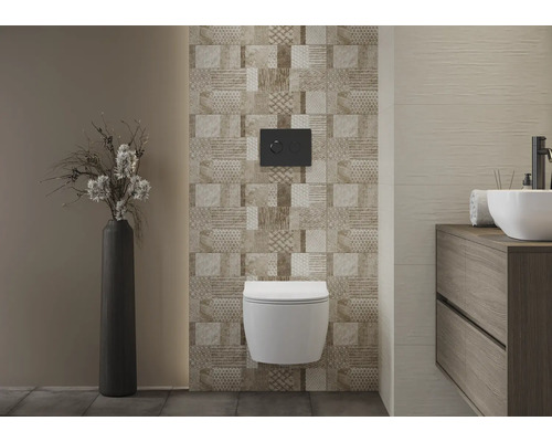 Modernes Badezimmer mit Wand-WC, Waschbecken und Fliesenwand