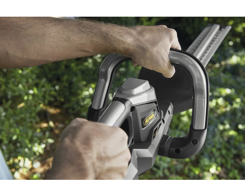 Eine Person hält eine Heckenschere der Marke Alpina.