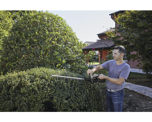 Mann schneidet Hecke mit einer Heckenschere