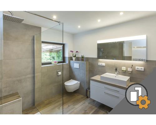 Modernes Badezimmer mit Dusche, Toilette, Waschtisch und Spiegel