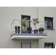 Balkon mit Edelstahlgeländer und bepflanzten Blumentöpfen an einer Hausfassade