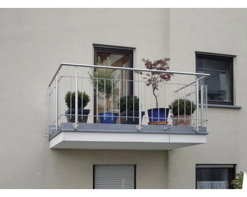 Balkon mit Edelstahlgeländer und bepflanzten Blumentöpfen an einer Hausfassade