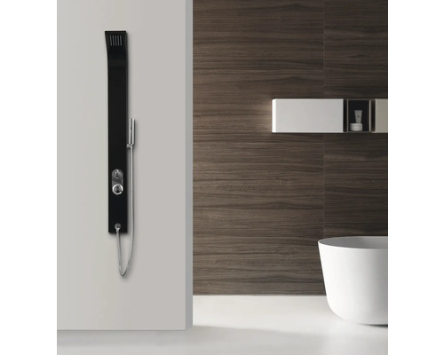 Badezimmer mit Duschpaneel, Badewanne und Wandregal