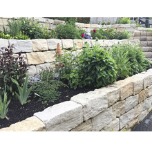 Gestufter Garten mit Trockenmauer aus Stein und Bepflanzung