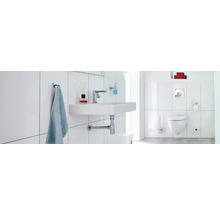 Helles Badezimmer mit Waschtisch, Handtuchhalter und Toilette