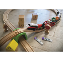 Holzeisenbahn mit Zügen, Gleisen, Brücke, Bauklötzen und Batterien