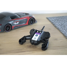 Schwarze Fernbedienung mit eingesetzter 9V-Batterie und Spielzeugauto im Hintergrund