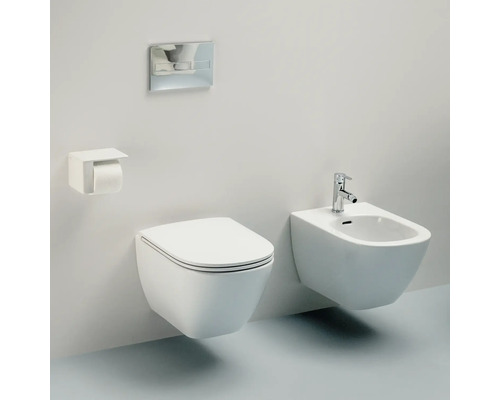 Wandhängendes WC und Bidet im Badezimmer mit Spülkasten und Toilettenpapierhalter.