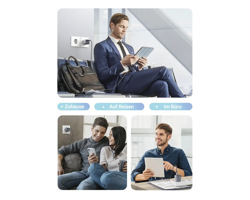 Personen laden elektronische Geräte zu Hause, auf Reisen und im Büro