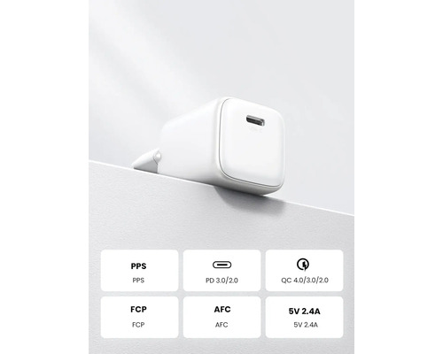 Weißes USB-Ladegerät mit USB-Anschluss und den Spezifikationen PPS, PD 3.0/2.0, QC 4.0/3.0/2.0, FCP, AFC, 5V 2.4A