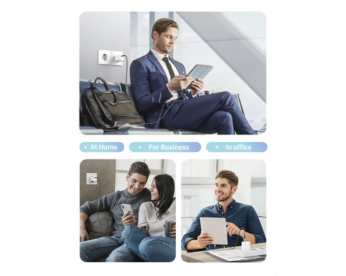 Anwendungsbeispiele für ein Ladegerät: im Büro, zu Hause und auf Reisen