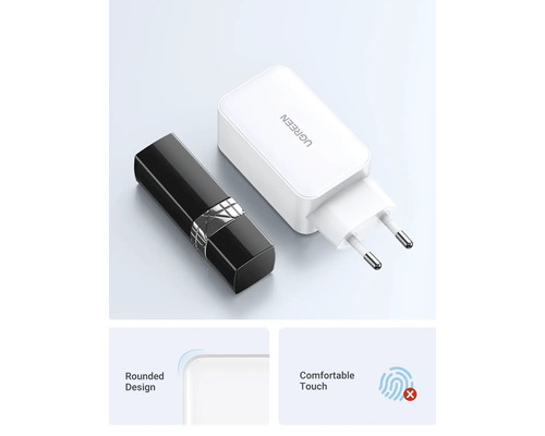 Ugreen Logo. Ladegerät mit USB-Anschluss neben einem Kosmetikprodukt.