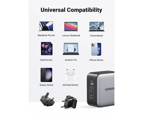 Universelle Kompatibilität von UGREEN Ladegerät mit verschiedenen Geräten wie MacBook Pro oder Air, Lenovo Notebook, Chromebook, iPad Pro oder Air, Surface Pro, iPhone Serie, Galaxy Serie und AirPods oder Switch.