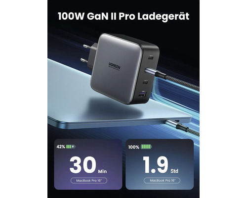 100 Watt GaN II Pro Ladegerät mit Ugreen Logo und Ladekabel an einem Notebook angeschlossen