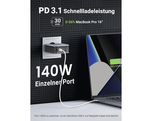 USB-C-Netzteil mit 140 Watt Ladeleistung lädt einen Laptop