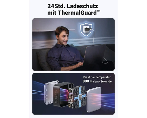 24 Stunden Ladeschutz mit ThermalGuard, Mann benutzt Laptop, interne Struktur des Ladegeräts