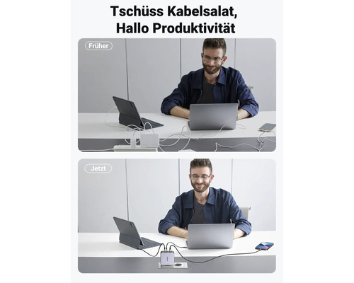 Vorher und nachher: Ein Mann sitzt an einem Schreibtisch, auf dem sich ein Laptop, ein Tablet und ein Smartphone befinden. Das obere Bild zeigt einen Kabelsalat, das untere Bild eine ordentliche Kabelführung mit einem Mehrfach-Ladegerät.