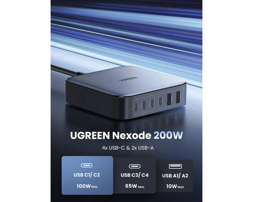UGREEN Nexode 200 Watt Ladegerät mit vier USB-C und zwei USB-A Anschlüssen