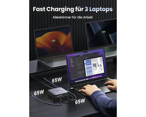 Ladegerät zum schnellen Aufladen von drei Laptops mit 65 Watt Leistung
