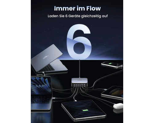 Mehrfachladegerät mit sechs Anschlüssen zum gleichzeitigen Laden mehrerer Geräte