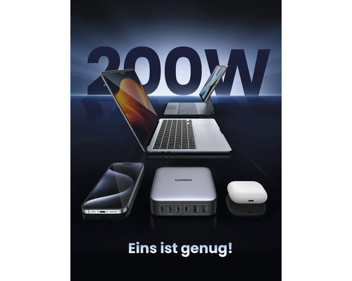 200 Watt Ladegerät mit mehreren Geräten wie Laptops, Smartphone und Kopfhörer