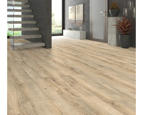 Innenraum mit hellem Laminatboden, Treppe und Dekoration