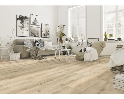 Heller Wohnraum mit Sofa, Tisch, Stuhl und Holzboden.