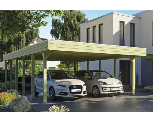 Doppelcarport aus Holz mit zwei geparkten Autos