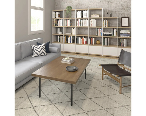 Wohnzimmer mit Sofa, Couchtisch und Bücherregal