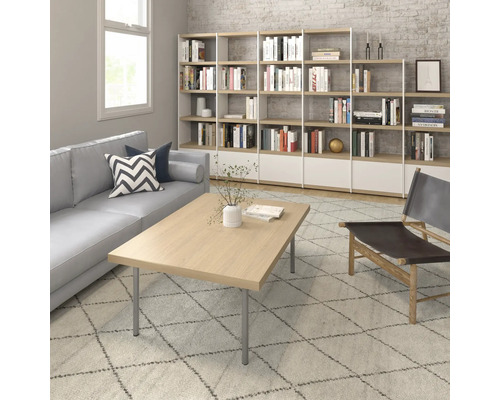 Wohnzimmer mit Sofa, Holztisch, Regalen und Teppich