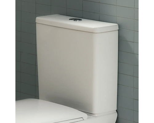 Aufnahme einer weißen Toilettenspülung vor einer gefliesten Wand.