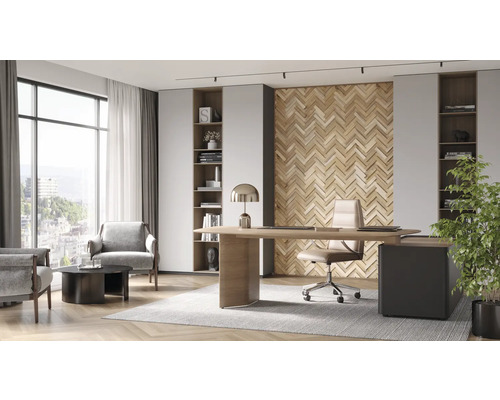 Büro mit Schreibtisch, Stuhl, Sesseln, Regalen und Dekoration
