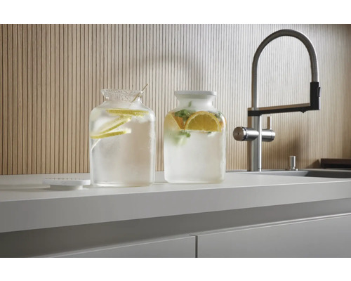 Zwei Glasbehälter mit Zitrusfrüchten und Minze neben einem Wasserhahn auf einer Küchentheke.