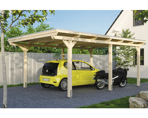 Einzelcarport SKAN HOLZ Emsland 404x604 cm mit Aluminium-Dach natur Carport aus Holz mit Auto und Motorrad