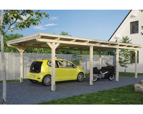 Einzelcarport SKAN HOLZ Emsland 404x846 cm mit EPDM-Folie natur Doppelcarport aus Holz mit Auto und Motorrad