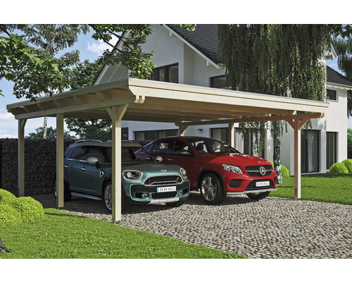 Doppelcarport aus Holz mit zwei geparkten Autos vor einem Wohnhaus