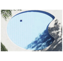 Luftaufnahme eines Schwimmbeckens mit Poolreinigungsroboter.