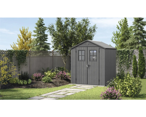 Gartenhaus Keter Darwin 6x8 inkl. Fußboden, Tür mit Fenstern 190 x 244 cm anthrazit Gartenschuppen aus Metall mit Doppeltür und Fenster im Garten