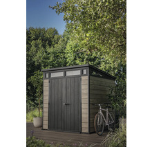 Gartenhaus mit Doppeltür und Fahrrad auf Holzterrasse