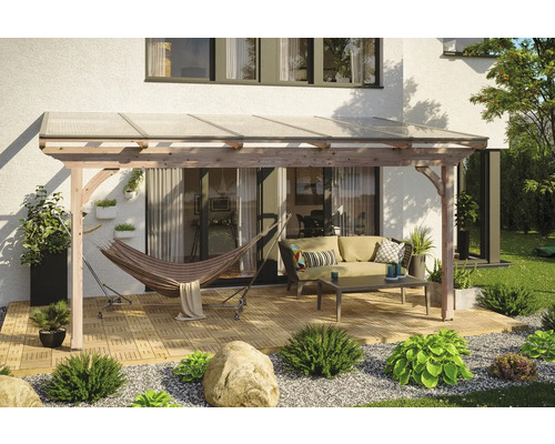 Terrassenüberdachung SKAN HOLZ Ravenna 541x350 cm natur Holzpergola mit transparentem Dach, Hängematte und Sitzgruppe im Garten