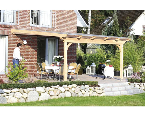 Terrassenüberdachung SKAN HOLZ Ravenna 648x250 cm natur Terrasse mit Holzpergola, Tisch und Stühlen im Garten