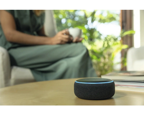 Intelligenter Lautsprecher auf einem Tisch mit einer Frau im Hintergrund