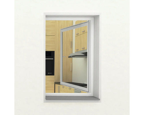 Fenster mit geöffnetem Fensterflügel und Blick in eine Küche