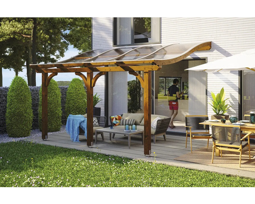 Terrassenüberdachung SKAN HOLZ Venezia 434x239 cm nußbaum Terrasse mit Holzpergola und Polycarbonatdach für den Außenbereich mit Gartenmöbeln