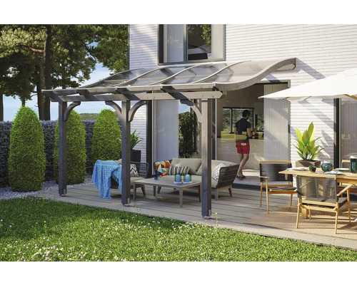 Terrassenüberdachung SKAN HOLZ Venezia 434x239 cm schiefergrau Terrasse mit Pergola, Sitzgruppe und Esstisch im Garten