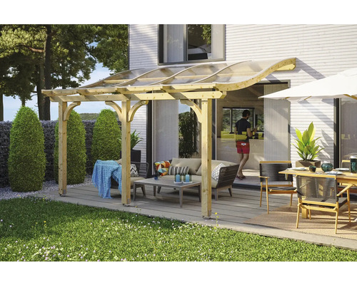 Terrassenüberdachung SKAN HOLZ Venezia 434x239 cm natur Überdachte Terrasse mit Holzrahmen, Sitzmöbeln und Gartentisch für den Außenbereich