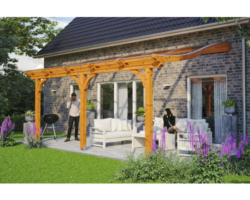Terrassenüberdachung SKAN HOLZ Venezia 541x239 cm eiche hell Holzpergola mit transparentem Dach auf einer Terrasse mit Gartenmöbeln