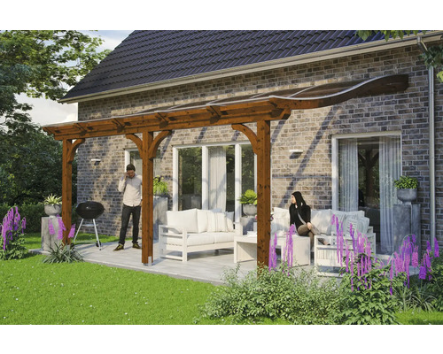 Terrassenüberdachung SKAN HOLZ Venezia 541x389 cm nußbaum Überdachte Terrasse mit Holzpergola, Sitzmöbeln und Grill